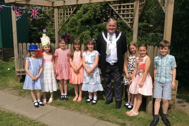 Pupils with the new Ribble Valley Mayor Stuart Carefoot.
